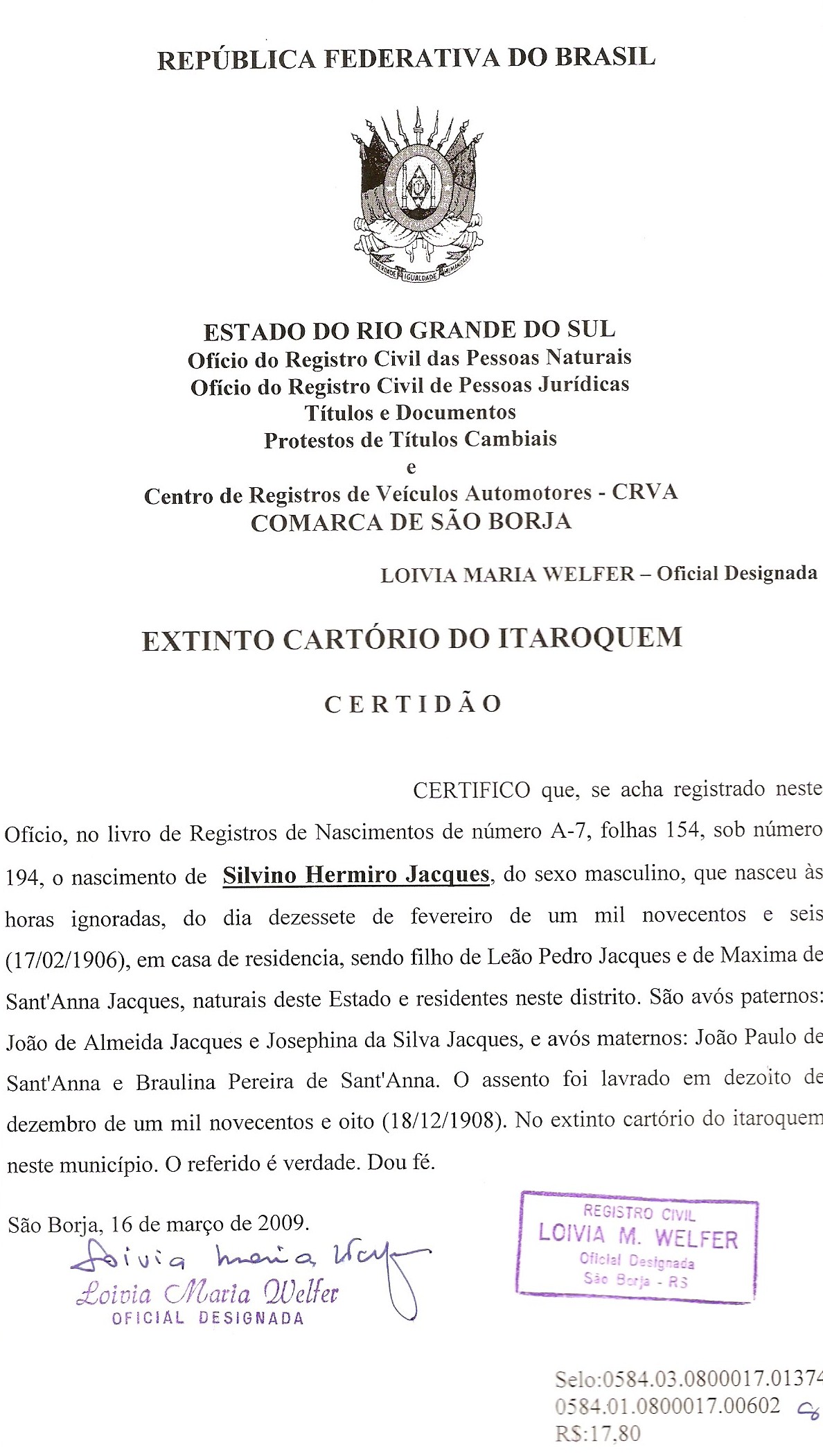 Certidão de Nascimento de Silvino